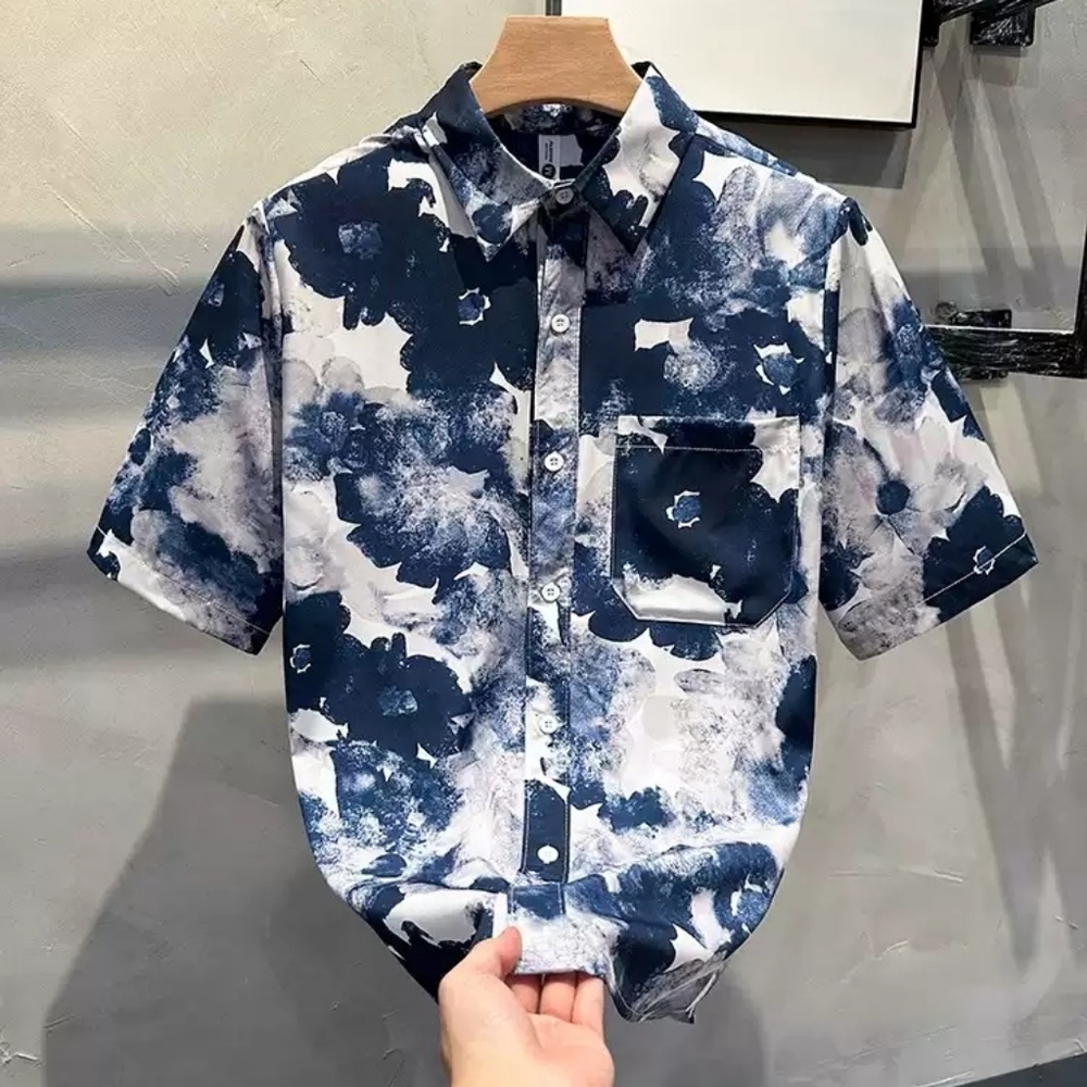 Blue Ink Wash Floral Aloha Shirt